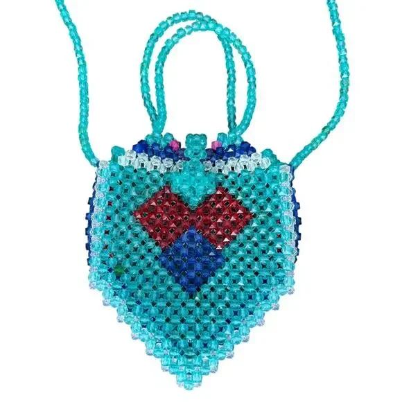 Handmade Beaded Heart Bag Purse Blue Shoulder Strap Unique Dopamine Maximalist - Picture 2 of 7